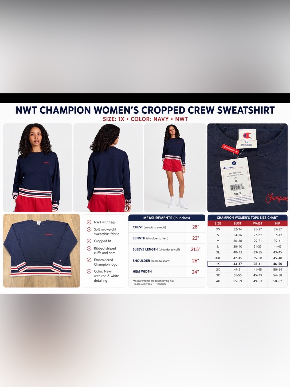 NWT Champion Women’s Cropped Crew Sweatshirt – Size 1X – Navy